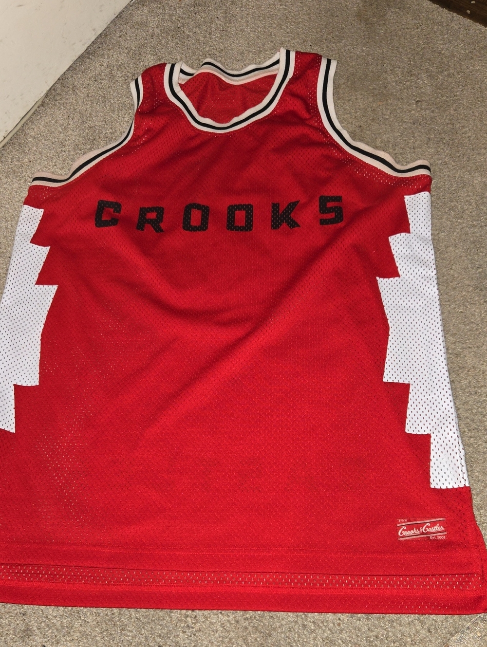 Crooks & Castles Red Mesh Jersey with Black Lettering and White Side Panels